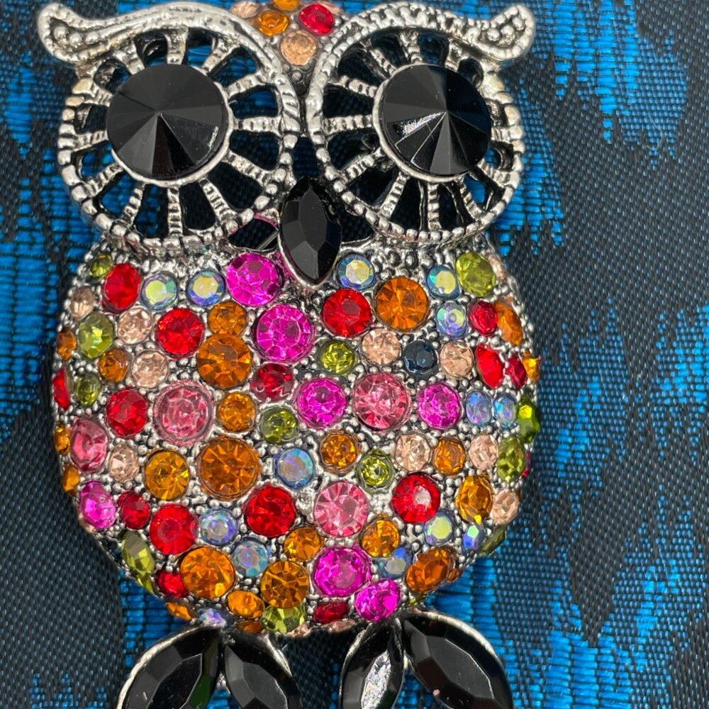 Colorful Rhinestone Owl Brooch Pin With Black Accents For Women